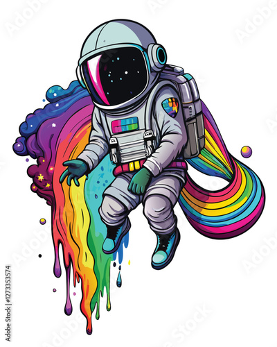 An astronaut, weightless, gazing in awe at a vibrant, swirling rainbow nebula, depicted in a cosmic, painterly style.