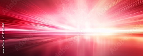 A vibrant horizontal gradient background blending deep red into soft pink, featuring dreamy blurred light beams radiating outward and a misty, blurred horizon line