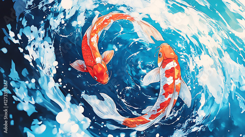 Wallpaper Mural Koi fish animation on wavy water with anime style Torontodigital.ca