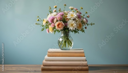 A beautiful bouquet of mixed flowers in a glass vase on a stack of books, adding a fresh and vibrant touch to any room, suitable for home decor and floral arrangements. photo