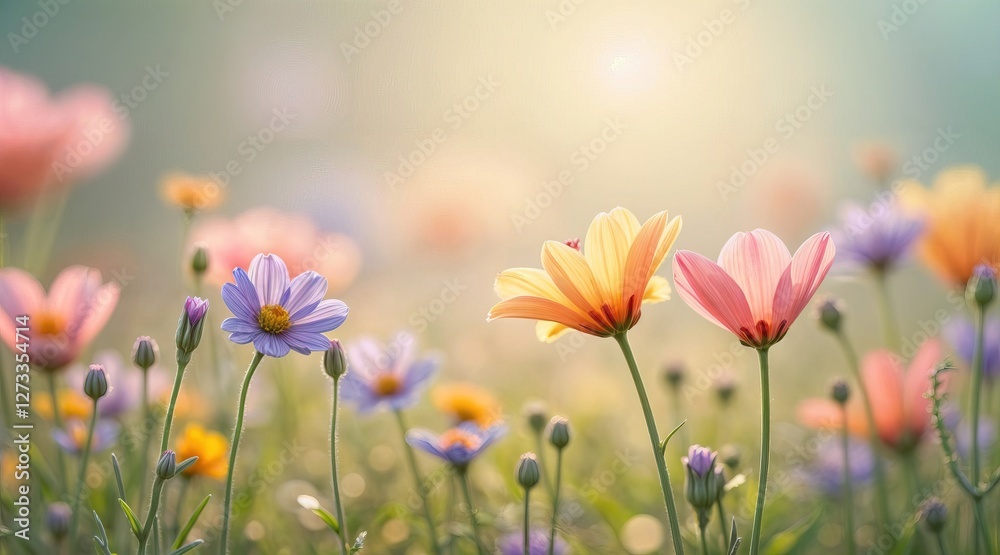 Vibrant pastel wildflowers in blooming meadow on a sunny day. March 8, International Women's Day. Mother s Day Vibrant pastel wildflowers in blooming meadow on a sunny day. March 8, International Women's Day. Mother s Day