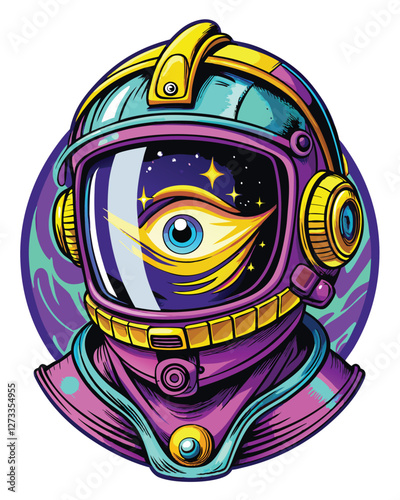 Surreal digital art depicting a floating, disembodied human third eye replacing an astronaut's helmet, cosmic background.