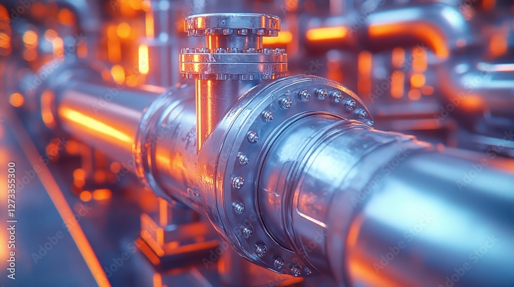 Fototapeta premium Industrial pipeline junction in a vibrant processing facility