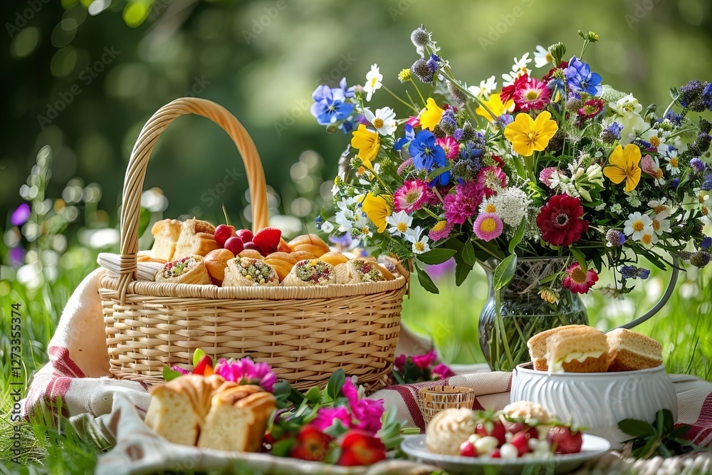 Picnic planning in a beautiful sunny park surrounded by lush greenery