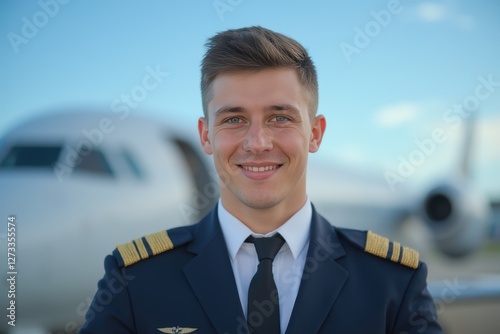 Head and shoulders portrait of a Montenegrin smiling young male airplane captain pilot in uniform.