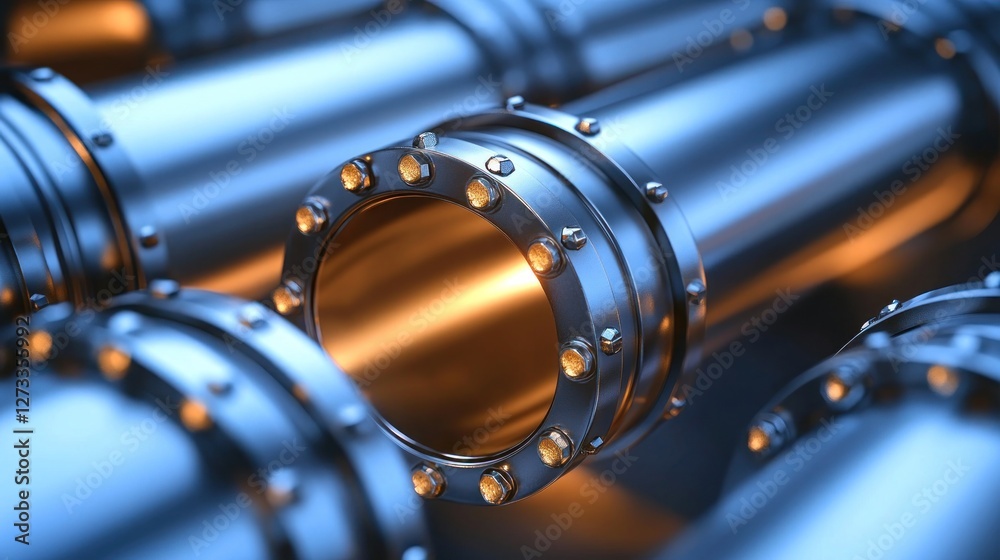 Fototapeta premium Industrial pipes, close-up, metallic, glowing interior. Use 3D rendering background