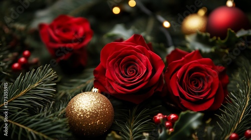 Three red roses nestled in Christmas greenery with ornaments.