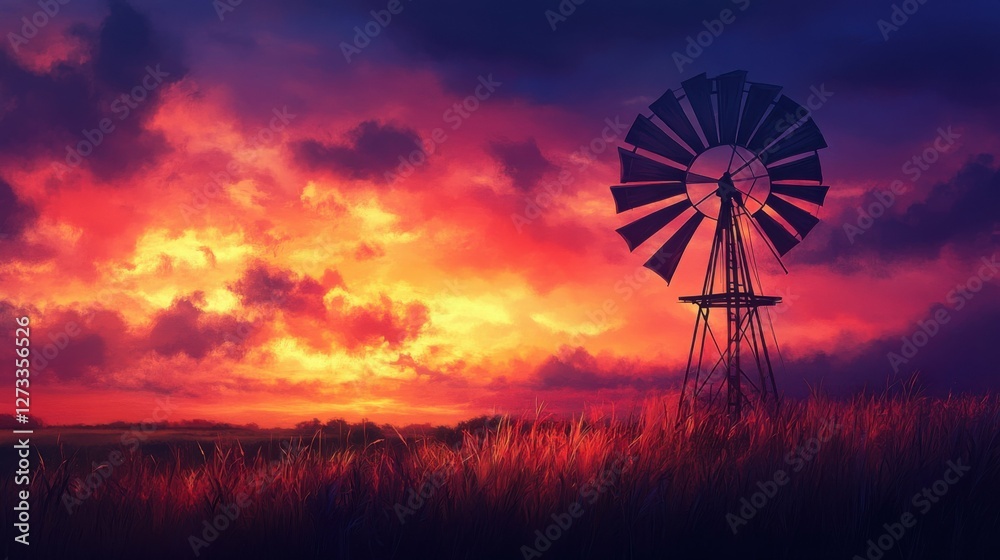 windmill silhouetted against a fiery sunset, focus on traditional architecture, vibrant colors in the sky, calm countryside setting, timeless and peaceful windmill silhouetted against a fiery sunset, focus on traditional architecture, vibrant colors in the sky, calm countryside setting, timeless and peaceful