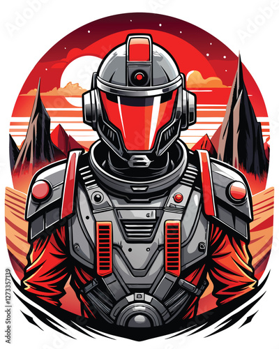 A lone astronaut expertly pilots a towering, futuristic mech suit across a desolate, alien planet's crimson plains under a vibrant nebula.