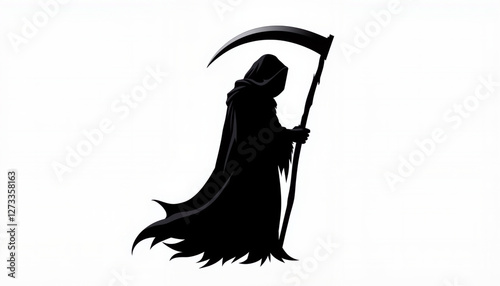 Grim reaper silhouette holding scythe on white background, mortality concept