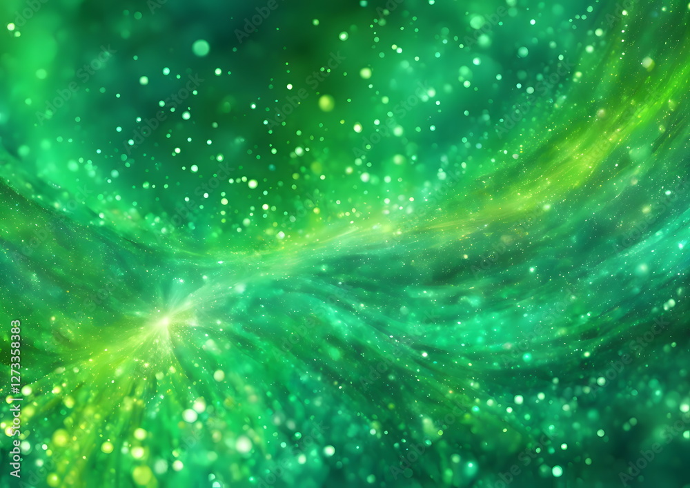 Naklejka premium Green sparkling abstract background with cosmic and dynamic flowing forms.