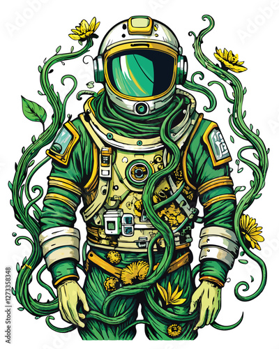 A pristine astronaut suit, seemingly abandoned, overtaken by lush, vibrant vines and blooming flowers in a surreal, overgrown landscape.