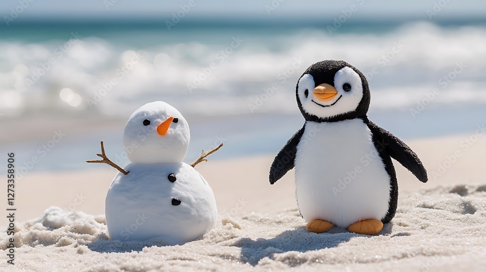 Fototapeta premium Plush penguin next to sand snowman on beach