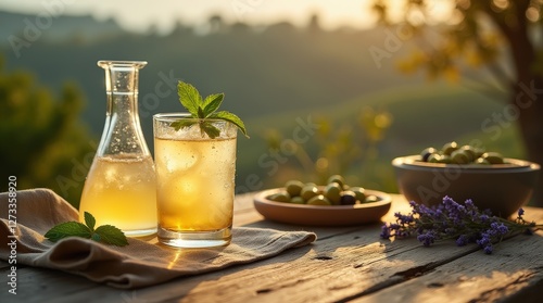 Cloudy pastis on a weathered wooden table beside olives and herbs