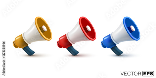 Megaphone color set icons, media 3d objects. Vector illustration 