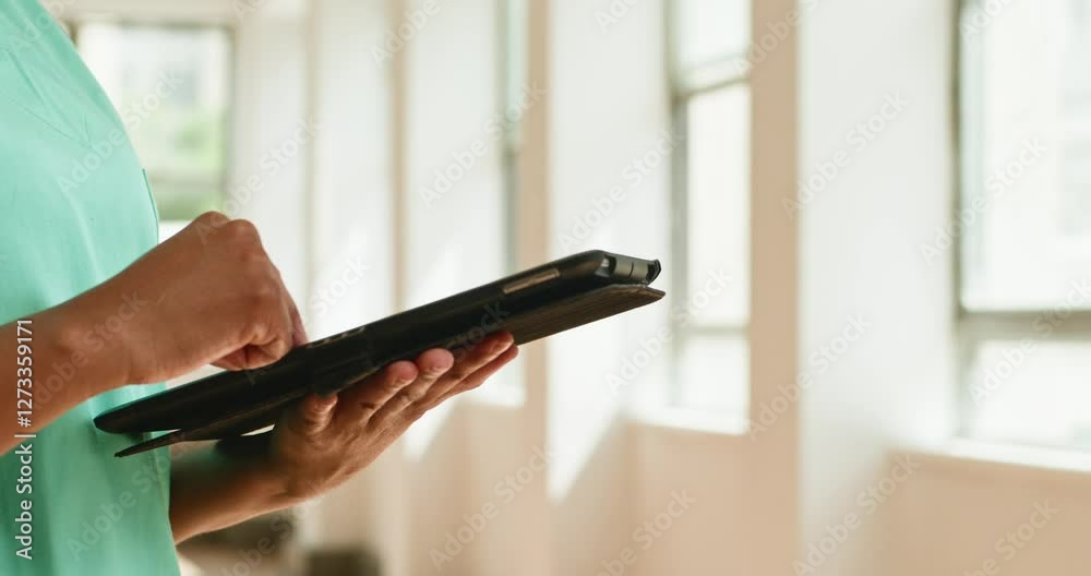 Nurse Using Tablet in Modern Medical Facility: Accessing Patient Data and Medical Records