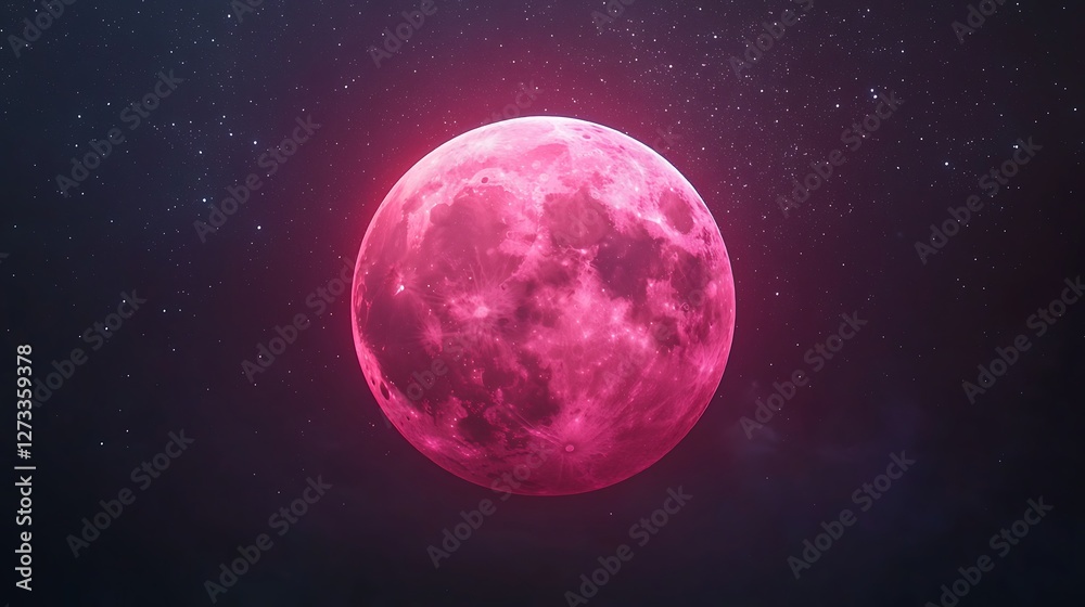 Obraz premium A vibrant pink moon illuminates the night sky, surrounded by twinkling stars, creating a mystical and surreal atmosphere.