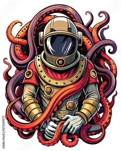 A lone astronaut in a spacesuit, viewed from the waist up, with a large, vibrant octopus gently wrapping its tentacles around them.  The scene is otherworldly.