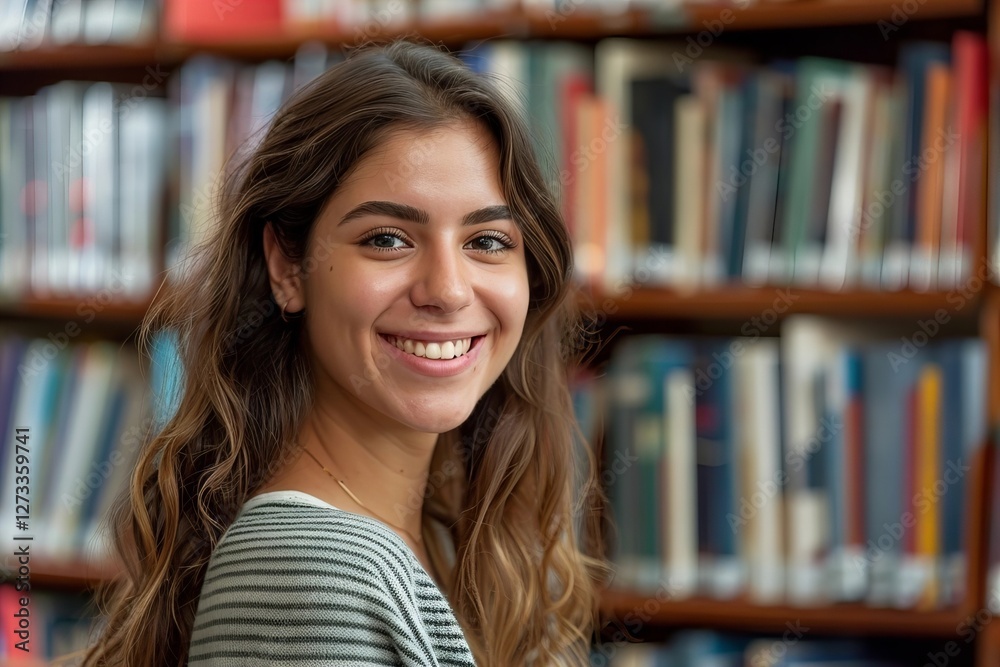 Portrait of a smiling Brazilian female student in a university library, eager to learn amidst stacks of books. Portrait of a smiling Brazilian female student in a university library, eager to learn amidst stacks of books.