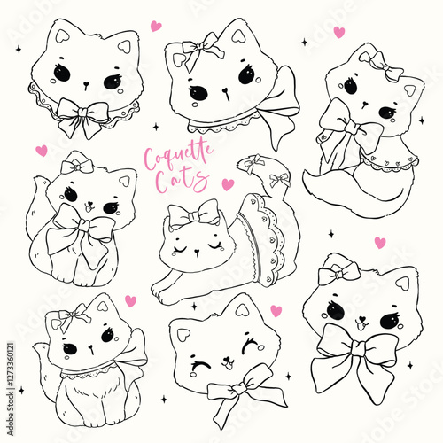 Whimsical Coquette Girly Cat with Bow, Hand Drawn Doodle Outline Set