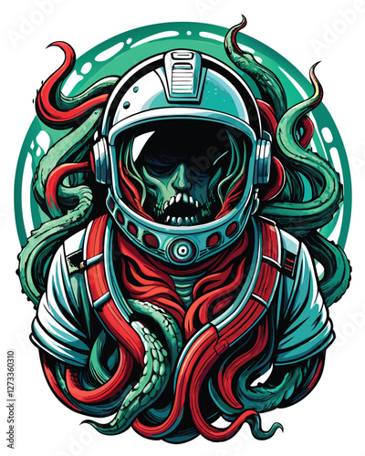 A lone astronaut, helmet adorned with bioluminescent tentacles, floats in the inky blackness of space; a surreal, cosmic horror scene.