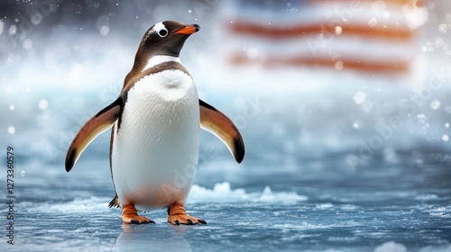 A beautiful Gentoo penguin stands proudly amidst a snowy backdrop, showcasing its vibrant colors and distinctive features that highlight its natural charm.