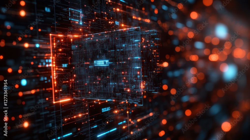 Obraz premium Data stream flows through digital space, glowing particles background, tech concept