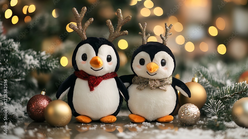 Fototapeta premium Plush penguin with reindeer antlers and Christmas decor by water