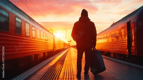 A traveler stands silhouetted at a train platform, framed by a breathtaking sunset, evoking feelings of contemplation, adventure, and the journey ahead. photo