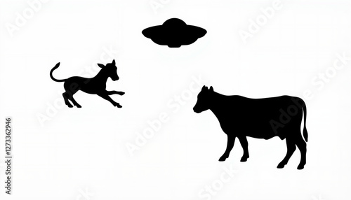 UFO abducting cow silhouette against white background, extraterrestrial theme