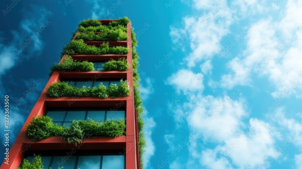 This stunning architectural image features a tall building covered in vibrant greenery, representing sustainability and a harmonious blend of urban and natural elements under a blue sky. This stunning architectural image features a tall building covered in vibrant greenery, representing sustainability and a harmonious blend of urban and natural elements under a blue sky.