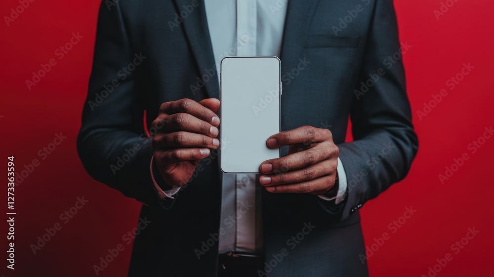 Businessman Presenting Blank Smartphone Screen on Red Background Businessman Presenting Blank Smartphone Screen on Red Background