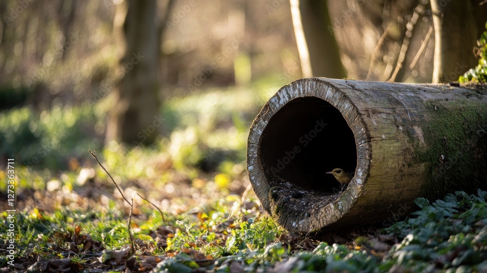 Bird peeking out from a hollow log in forest Bird peeking out from a hollow log in forest