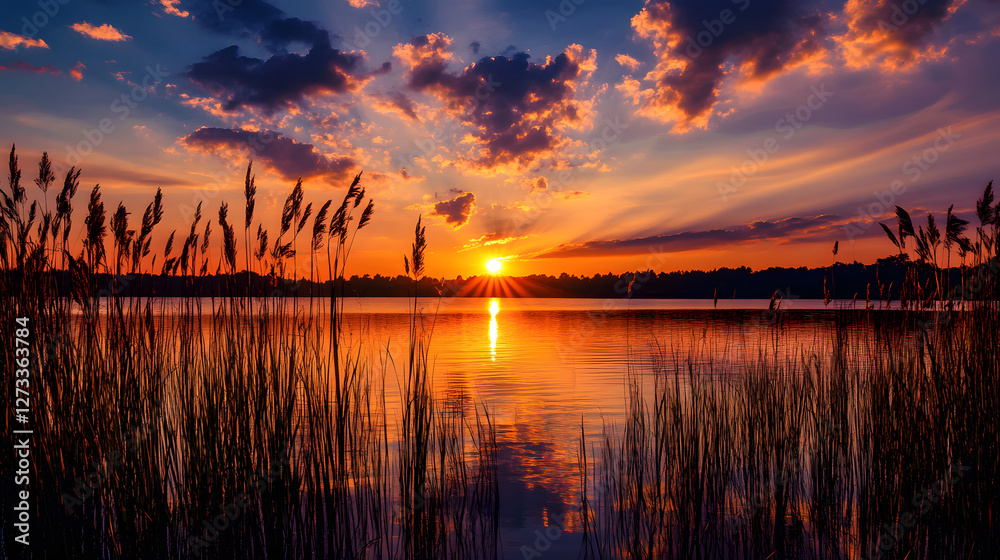 In the foreground, tall grasses swaying in the breeze with the setting sun casting long shadows across the water's surface
In the foreground, tall grasses swaying in the breeze with the setting sun casting long shadows across the water's surface