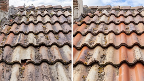 Old damaged rooftop shows crumbling weathered tiles.