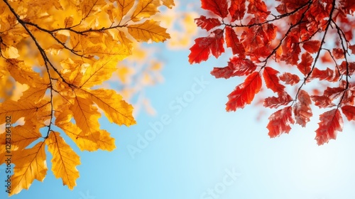 An artistic view of vibrant yellow and red leaves against a bright blue sky, showcasing the beauty of nature's palette and evoking feelings of warmth and cheerfulness.