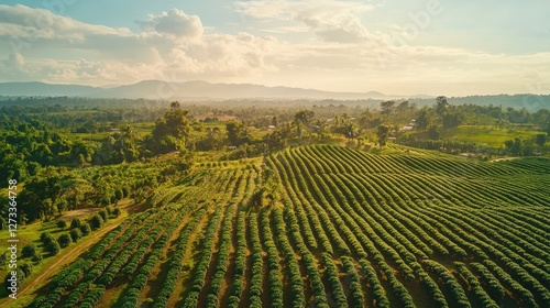 Wallpaper Mural large coffee plantation, with neat rows of coffee plants stretching across the landscape, the sun casting long shadows over the fertile land Torontodigital.ca