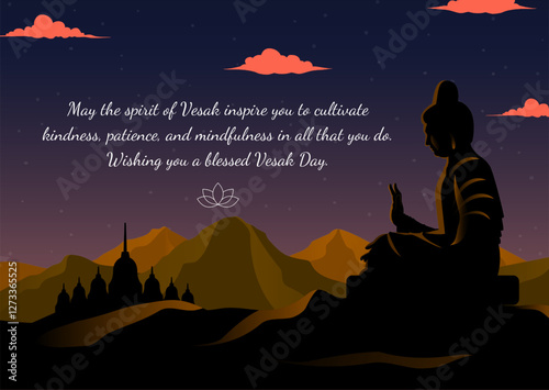 Vesak day concept wishes greeting card with Buddha silhouette illustration. Background vector. Happy Vesak day celebration design poster, flyer, banner.