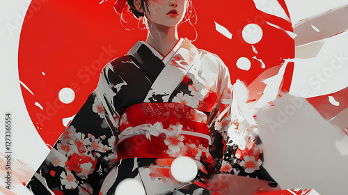 Wallpaper Mural anime of a woman wearing a kimono on a japanese flag background Torontodigital.ca