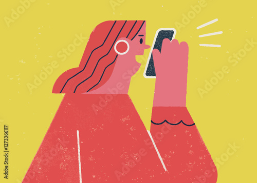 Illustration of a person conversing with a smartphone in hand.