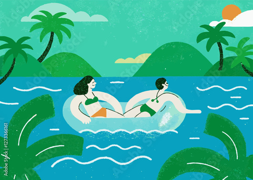 Illustration of a couple enjoying their vacation floating on a lake. In the great nature. Cute touch.