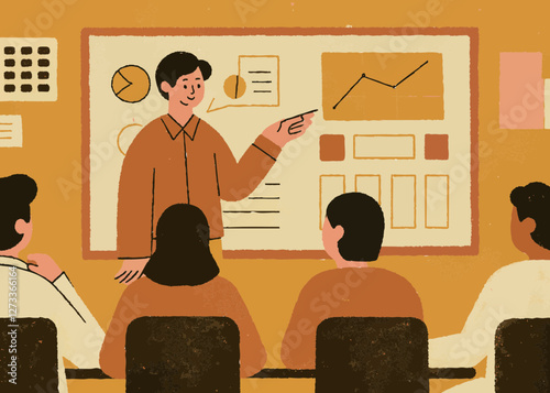 Illustration of a company employee giving a presentation. Simple touch. Texture.