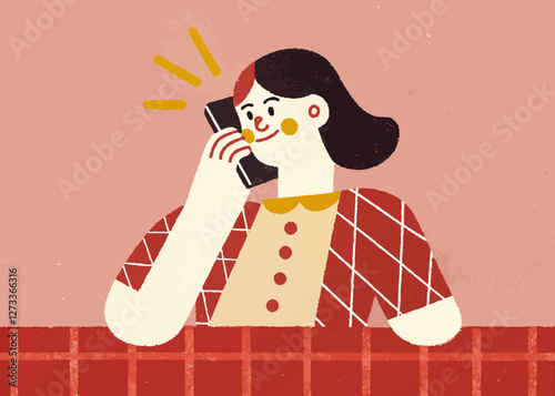 Illustration of a person conversing with a smartphone in hand.