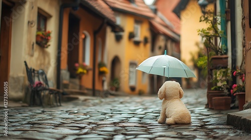 Fototapeta Naklejka Na Ścianę i Meble -  Plush puppy under a small umbrella in village square cobblestone streets