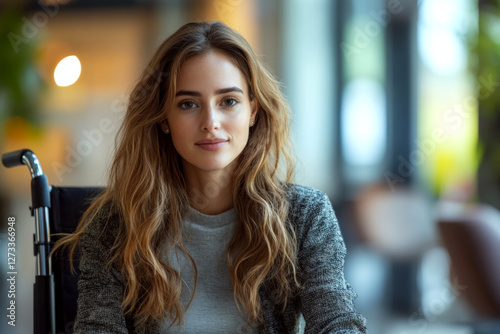 Wallpaper Mural Young woman with long hair sitting in a wheelchair indoors, smiling softly. Concept of strength and positivity. For lifestyle photo series Torontodigital.ca