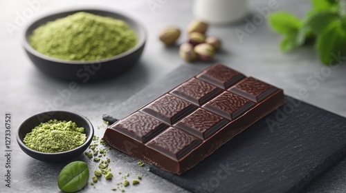 Dark chocolate bar, matcha powder, pistachios, and mint on gray stone photo