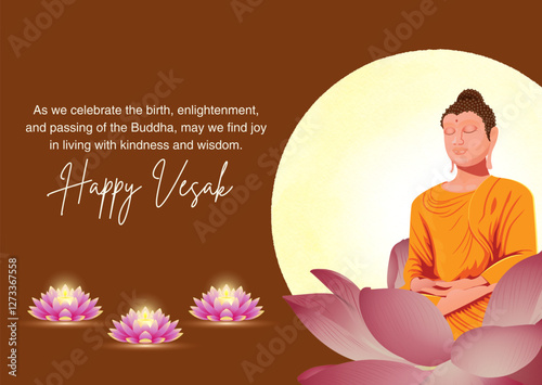 Vesak day concept wishes greeting card with Buddha and lotus illustration. Background vector. Happy Vesak day celebration design poster, flyer, banner.