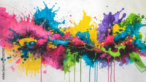 Colorful watercolor splashes create an abstract art painting with vibrant hues photo