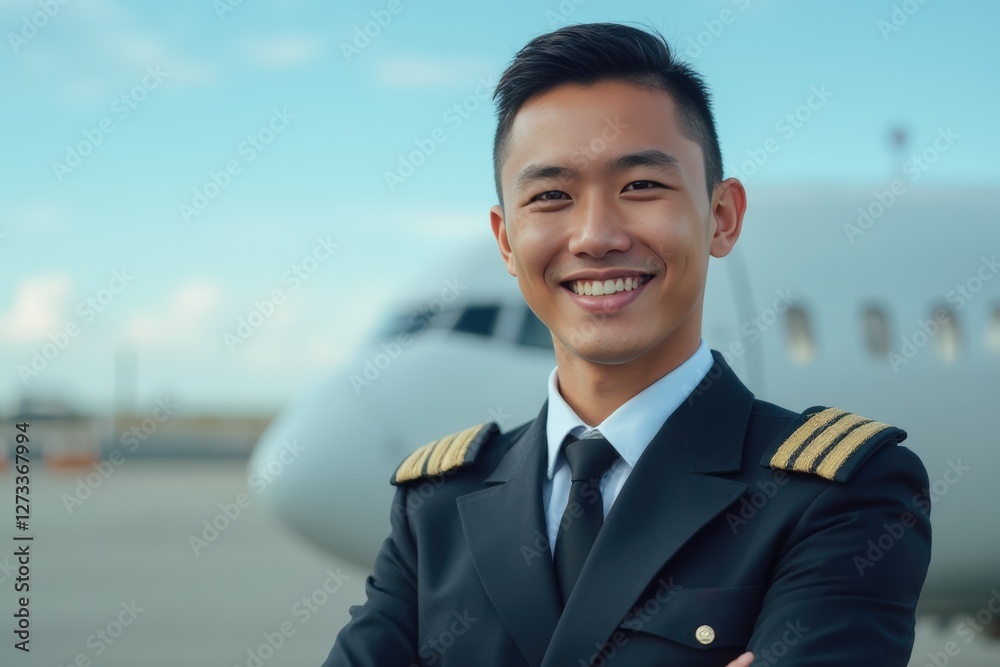 Head and shoulders portrait of a Venezuelan smiling young male airplane captain pilot in uniform. Head and shoulders portrait of a Venezuelan smiling young male airplane captain pilot in uniform.