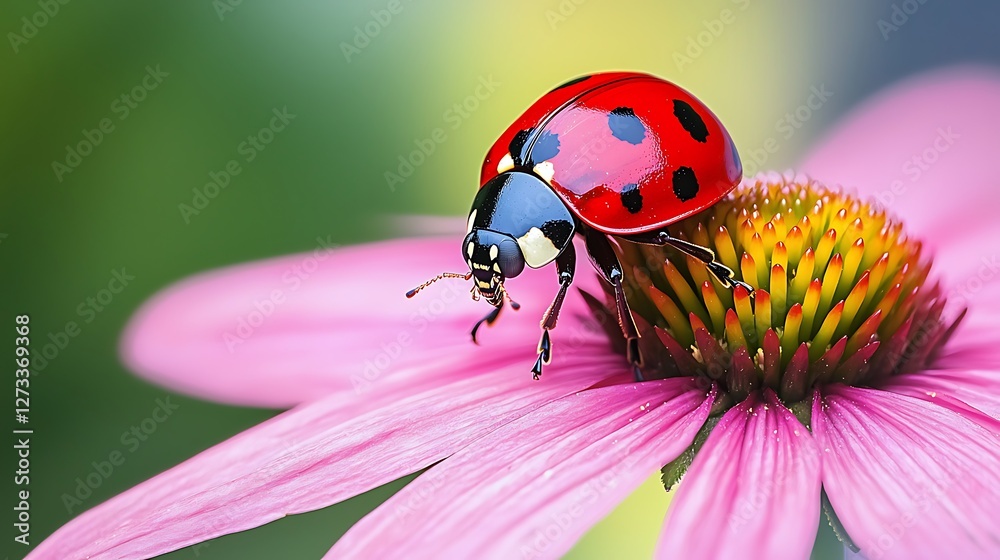 Ladybug on a pink flower collecting pollen in garden with blurred green plants Ladybug on a pink flower collecting pollen in garden with blurred green plants